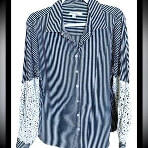 Chico's Plus Size Striped Button Down Shirt with Lace Detail Long Sleeves Womens